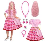 6 Pcs The Queen of Hearts Dress for Girls, Rise of Red Kids Costume with Short Sleeve Dresses, Wig, Earrings, Necklace, Bracelet, Ring for Princess Dress Up Halloween Birthday Party