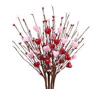 6 Pcs Valentine’s Day Picks Artificial Red Berry Flower Stems with Pink Hearts for Valentine’s Day Wedding Home Vase Decor, 23.6"