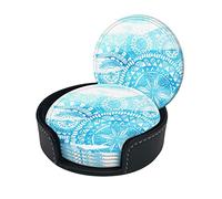 6 Pcs Watercolor Blue Mandalas Leather Coasters for Drinks with Holder Coaster Sets Drink Table Cup Coasters for Living Room Kitchen Coffee Decor
