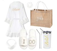 6 Pcs Wedding Bridal Gifts Bridal Embroidered Lace Robe Sets with gold pearl slippers and Bride Tote Bag, White, S-M