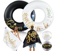 6 Pcs Wedding Pool Floats Kit, Bride & Groom Pool Floats, Beach Towel and Beach Ball, Large Bachelorette Floatie for Engagement Party Decorations, Bridal Shower, Wedding Decor