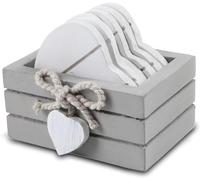 6 Pcs White Coasters Handmade Heart Shaped Wooden Drink Coasters with a Gray Storage Stand Holder for Coffee, Tea, Mugs, Cups, Wine Glasses, Bar Drinks