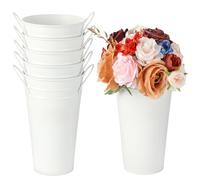 6 Pcs White Flower Buckets, Galvanized Metal Vases,9.8 Inches Flower Vase with Handles, French Flower Bucket，Rustic Farmhouse Vases for Home Decor Wedding Table Centerpiece