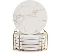 6 Pcs White Marble Coaster Set with Holder Best Absorbent Coasters Drink Stone Coasters Ceramic Wine Coasters Table Cup Coasters