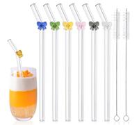 6 Pcs Wide Glass Straws with 2 Cleaning Brushes, 8.3''x10mm Cute Bow Glass Straws Shatter Resistant, Reusable Straw for Boba Pearls, Milkshake, Smoothies, Juice, Aesthetic Gift