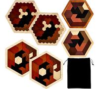 6 Pcs Wood Tangram Block Puzzle Set with Storage Bag Wooden Hexagon Tangram Puzzle Geometric Brain Teaser for Challenge Intelligence Teasers Logic Mind Game