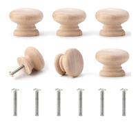 6 Pcs Wooden Cabinet Knobs with Screws 35mm*25mm, Mushroom Drawer Knobs Natural Unfinished Wood Cupboard Knob Handles Round Knobs for Furniture Wardrobe Office Dresser Drawer Pull
