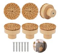 6 Pcs Wooden Drawer Knobs with 6 Pcs Screws, 4 x 3 cm Wooden Door Knobs, Vintage Boho Rattan Cabinet Knobs, Round Wooden Drawer Handles for Kitchen, Furniture, Cabinets, Cupboard