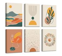 6 Pcs Wooden Framed Canvas Wall Art Set Boho Beige Geometric Lines Canvas Prints Bohemian Colorful Plants Desert Sun Painting Minimalist Pictures for Living Room Bedroom Hallway Wall Decor 20x30 cm x6