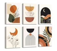 6 Pcs Wooden Framed Canvas Wall Art Set Boho Colorful Geometric Lines Canvas Prints Bohemian Green Plants Flowers Painting Mountain Moon Pictures for Living Room Bedroom Hallway Wall Decor 20x30 cm x6