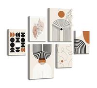 6 Pcs Wooden Framed Canvas Wall Art Set Boho Mid-Century Canvas Prints Abstract Color Block Geometric Illustrations Pictures for Living Room Bedroom Hallway Stairs Wall Decor 30x40 cm x2+20x30 cm x4