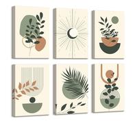 6 Pcs Wooden Framed Canvas Wall Art Set Brown Sage Green Boho Canvas Prints Minimalist Geometric Line Leaf Sun Moon Painting Poster Pictures for Living Room Bedroom Hallway Wall Decor 20x30 cm x6
