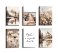 6 Pcs Wooden Framed Canvas Wall Art Set Coastal Beach Seaside Canvas Prints Brown Mountains Lake Painting Dandelions Pampas Grass Reeds Pictures for Living Room Bedroom Hallway Wall Decor 20x30 cm x6
