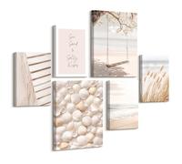 6 Pcs Wooden Framed Canvas Wall Art Set Coastal Beach Shell Canvas Prints Boho Pampas Grass Painting Swings Ocean Scenery Pictures for Living Room Bedroom Hallway Wall Decor 30x40 cm x2+20x30 cm x4
