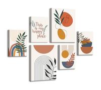 6 Pcs Wooden Framed Canvas Wall Art Set Colorful Boho Canvas Prints Abstract Green Leaves Painting Minimalist Geometric Sun Moon Pictures for Living Room Bedroom Wall Decor 30x40 cm x2+20x30 cm x4