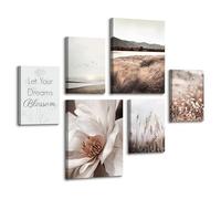 6 Pcs Wooden Framed Canvas Wall Art Set Pampas Wild Grass Beach Sea Canvas Prints White Magnolia Flower Painting Beige Brown Pictures for Living Room Bedroom Hallway Wall Decor 30x40 cm x2+20x30 cm x4