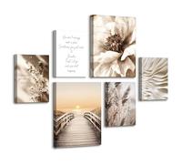 6 Pcs Wooden Framed Canvas Wall Art Set White Peony Wildflowers Canvas Prints Boho Pampas Grass Pictures Plank Walkway Beach Sea Painting for Living Room Bedroom Wall Decor 30x40 cm x2+20x30 cm x4