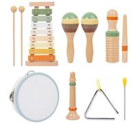 6 Pcs Wooden Percussion Instruments Set, Orff Music Toys for little ones 1-3, includes Xylophone, Guiro, Sand Hammer, Horn, Tambourine, Triangle Iron