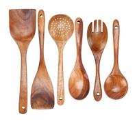 6 Pcs Wooden Spoons Sets Cooking Heat Resistant Natural Teak Wooden Cooking Utensil Set Comfortable Grip Non-Stick Wooden Kitchen Utensils