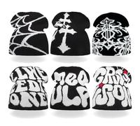 6 PCS Y2K Knitted Beanies Men Women Gothic Graphic Casual Beanie Spider Web Star Letters Cross Pattern Cross Knit Hat Trend Streetwear Outdoor Sports Black