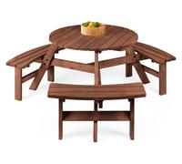 6-Person Circular Outdoor Wooden Picnic Table for Patio Backyard Garden Built-in Benches