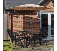 6 Person Rectangular Glass Top Table Benches & Chairs With Beige Havana Parasol and Base