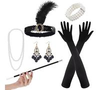 6-Piece 1920s Accessories for Women Great Gatsby Accessories Women, Flapper Roaring 20’s Theme Set with Headband, Gloves, Faux Pearl Necklace, Earrings, Bracelet & Handheld Prop for Vintage Carnival