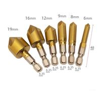 6-Piece 5-Flute 90-Degree Countersink Drill Bit Set for Wood, Metal & Plastic - for HSS Construction, 6mm to 19mm Diameter, 1/4" Hex Shank, D