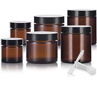 6 piece Amber Glass Straight Sided Jar Multi Size Set : Includes 2-1 oz, 2-2 oz, and 2-4 oz Amber Glass Jars with Black Lids + Spatulas and Labels for Aromatherapy, Essential Oils, Travel and Home