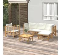 6-Piece Bamboo Patio Lounge Set with Cream Cushions Includes 2 Corner Sofas Middle Chair Footrest & Table for Outdoor Relaxation Garden & Balcony Furniture