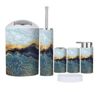 6 Piece Bathroom Accessories Set abstract blue marble fake stone texture liquid paint gold with Bathroom Bin, Toilet Brush, Soap Dispenser, Toothbrush Holder, Cup, Soap Dish Set