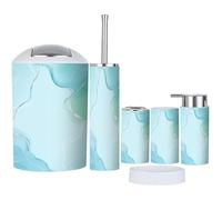 6 Piece Bathroom Accessories Set Abstract turquoise teal blue liquid marbled watercolour with Bathroom Bin, Toilet Brush, Soap Dispenser, Toothbrush Holder, Cup, Soap Dish Set
