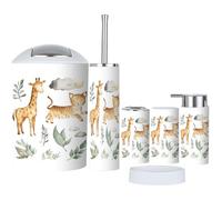 6 Piece Bathroom Accessories Set animals watercolor giraffe tiger tropical jungle with Bathroom Bin, Toilet Brush, Soap Dispenser, Toothbrush Holder, Cup, Soap Dish Set Gifts for Women Men
