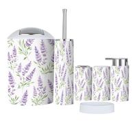 6 Piece Bathroom Accessories Set Lavender Flower Green Leaves White with Bathroom Bin, Toilet Brush, Soap Dispenser, Toothbrush Holder, Cup, Soap Dish Set Gifts for Women Men