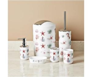 6-Piece Bathroom Accessories Set Luxury Modern Vanity Organizer Bath Set Toilet Brush with Holder, Soap Dish, Soap Dispenser, Toothbrush Holder, Tumbler, Trash Bin (Seahorse)