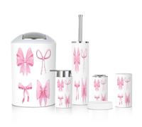 6 Piece Bathroom Accessories Set Pink bow coquette aesthetic accessory pastel white Lovely satin knot Trash can Toilet Brush Holder Toothbrush Holder Toothbrush Cup Soap Dispenser Soap Dish Boho Decor