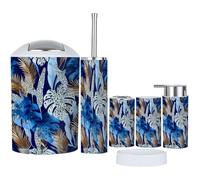 6 Piece Bathroom Accessories Set Seamless white tropical leaves gold elements blue with Bathroom Bin, Toilet Brush, Soap Dispenser, Toothbrush Holder, Cup, Soap Dish Set Gifts for Women Men