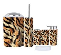 6 Piece Bathroom Accessories Set Tiger Skin Exotic Texture Animal with Bathroom Bin, Toilet Brush, Soap Dispenser, Toothbrush Holder, Cup, Soap Dish Set Gifts for Women Men