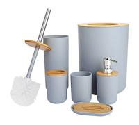 6-Piece Bathroom Accessories Set, Toilet Brush & Bin with Toothbrush Holder, Soap Dispenser, Soap Dish & Tumbler Cup, Modern Bathroom Set (Grey)