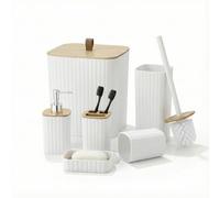 6-Piece Bathroom Accessories Set, White with Bamboo Lid, Luxury Modern Design, Includes Bin, Toilet Brush, Toothbrush Holder, Soap Dish, Dispenser, Mouthwash Cup (White)