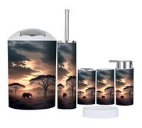 6 Piece Bathroom Accessories Set Wild African elephant savannah National Park with Bathroom Bin, Toilet Brush, Soap Dispenser, Toothbrush Holder, Cup, Soap Dish Set