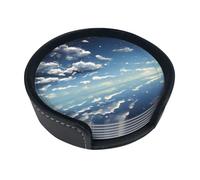 6-Piece Blue sky and white clouds print Round Coaster Set - Scalding and Scratch-Resistant, Suitable for Coffee Tables and Dining Tables