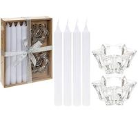 6 Piece Boxed Gift Set Of 4 White Candles & 2 Glass Candle Holders Christmas Dinner Table Decoration