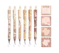 6-Piece Cartoon Pens and 4-Piece Sticky Notes, Erasable Pens, Cute Stationery, Writing Tools, and Student Supplies.