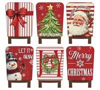 6 - Piece Christmas Chair Back Covers Set with Xmas Tree, Snowman, Let It Snow Patterns - Washable Red & White Stripe Slipcovers for Home, Hotel, Kitchen Holiday Decoration