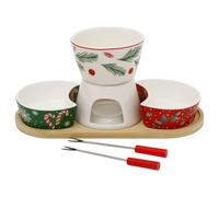 6-Piece Christmas Chocolate Fondue Set, Ceramic Pot & Wooden Tray | 6-piece Christmas chocolate fondue set, 240 ml ceramic pot, Tealight chamber, 2 dipping bowls, Wooden tray, 2 fondue forks