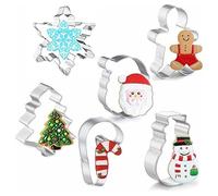6 - Piece Christmas Cookie Cutter Set - Features Christmas Tree, Gingerbread Man, Snowman, Snowflake, Candy Cane, and Santa Face Shapes for Holiday Baking and Food Party Decorations