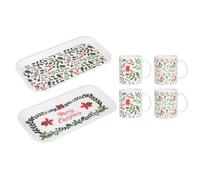 6 Piece Christmas Mug & Serving Tray Set Red Green Holly Robin Themed - Afternoon Tea Breakfast Dinner Hot Chocolate Drinking Coffee Cups - Food Snack Breakfast Board - Easy to Carry, Reusable Platter