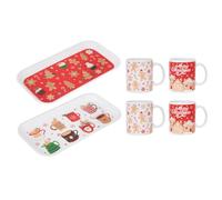 6 Piece Christmas Mug & Serving Tray Set Red White Gingerbread Themed - Afternoon Tea Breakfast Dinner Hot Chocolate Drinking Coffee Cups - Food Snack Breakfast Board - Easy to Carry, Reusable Platter