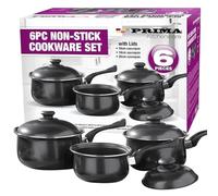 6 Piece Cookware Set with Lids & Bakelite Handle - Carbon Steel Non Stick Cooking Pan Saucepan Set Pot and Frying Pans | for Gas, Electric, Halogen and Solid Hotplates | Tempered Glass Lid - Black